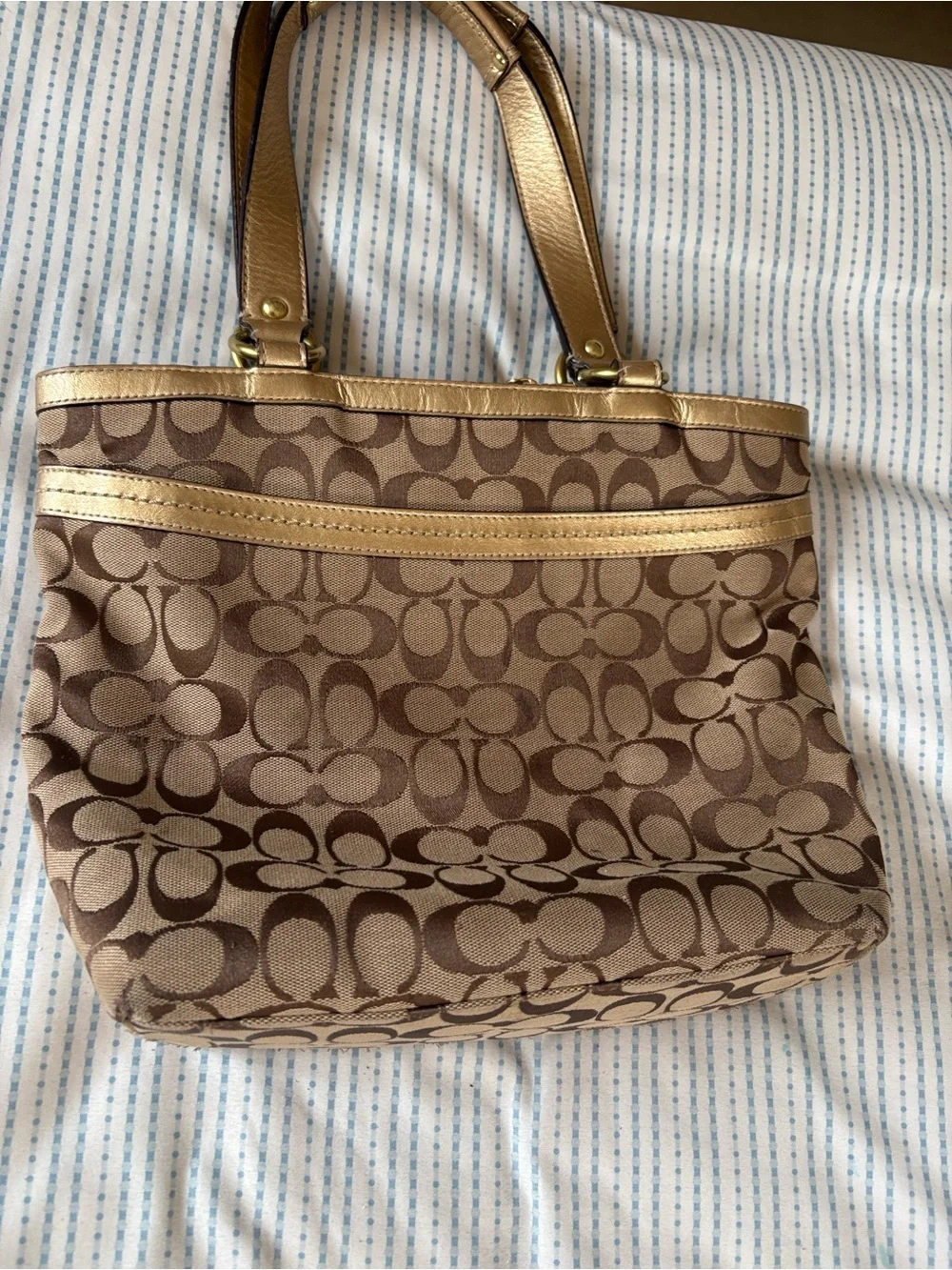 Coach Signature Canvas Tote Handbag in Brown with Gold Trim, excellent condition